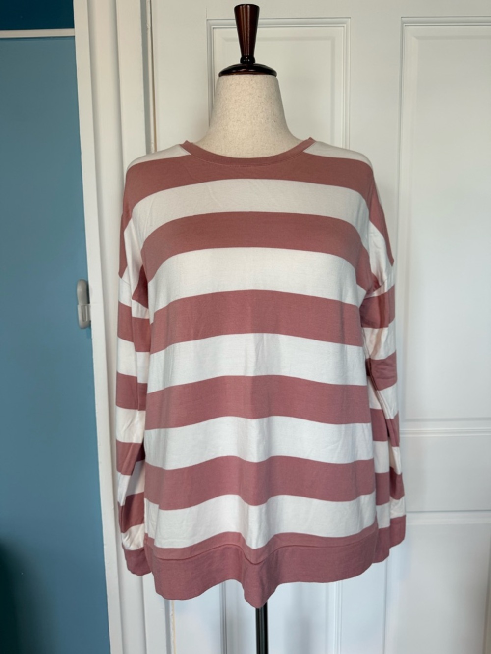 Thread & Supply Dusty Rose and White Striped Crew Neck Sweater